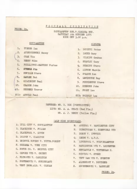 Southampton Reserves v Chelsea Reserves 1975/76 - Single sheet