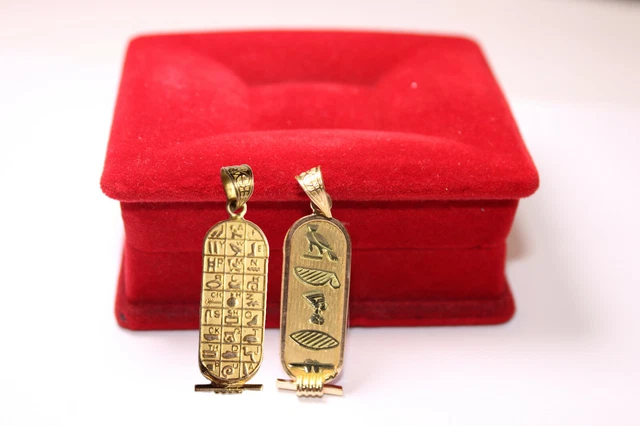 18k Gold Cartouche Pendant with Hieroglyphics Alphabet on the back 3-8 Letters 18k Gold Cartouche Pendant with Hieroglyphics Alphabet on the back 3-8 Letters