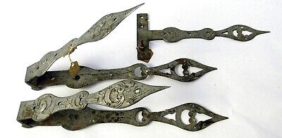 1 Pair Engraved Design 18th Century Offset Strap Hinges & Latch ~17.5" Long~ 3