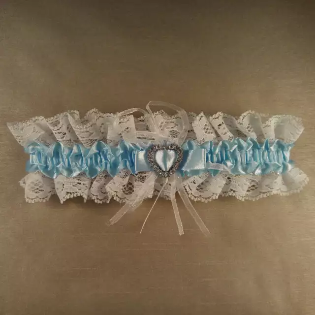 Wedding Garter Bride Bridal - Lace - Something Blue - Diamante Heart