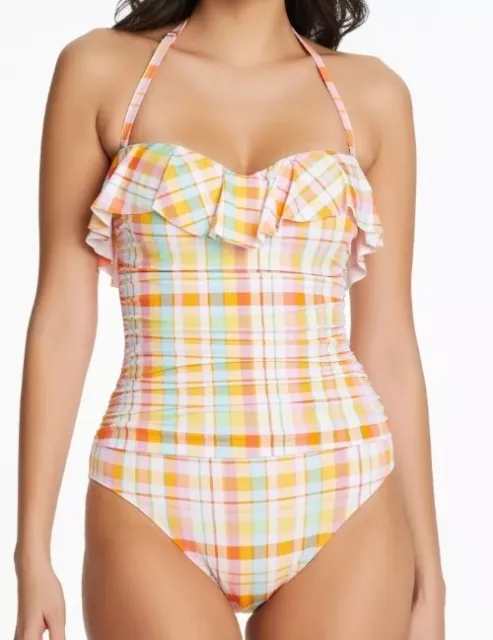 Bleu Rod Beattie Shirred Bandeau Ruffles One Piece Plaid Swimsuit Sz 14 NWT 💟