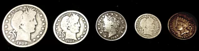 1908-D Nice Circulated Year Set    -   Vintage 5-Coin Set