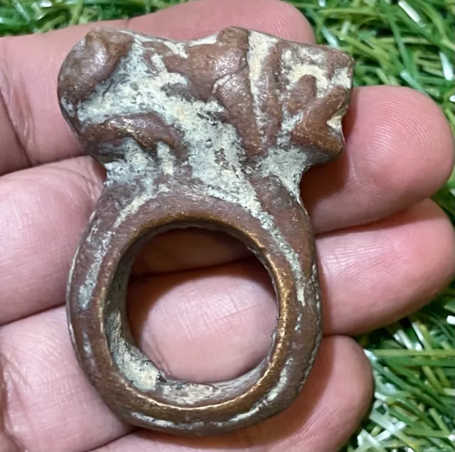 Antique Quality Old Roman Bronze Ring With Wild Animal On Top