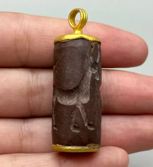 Very Old Ancient Near Eastern Cylinder Seal Intaglio Gold Gilded Pendant E