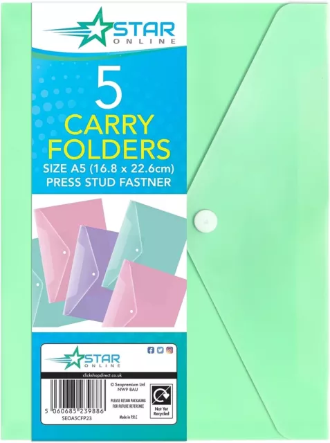 Assorted Pastel A5 Document Wallets Plastic Carry Folder Office - Pack of 5 2