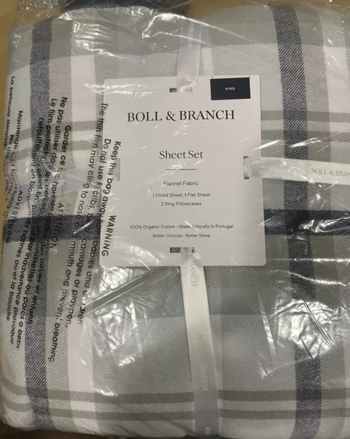 BOLL&BRANCH ORGANIC COTTON Flannel plaid sheet set gray King New $225. ...