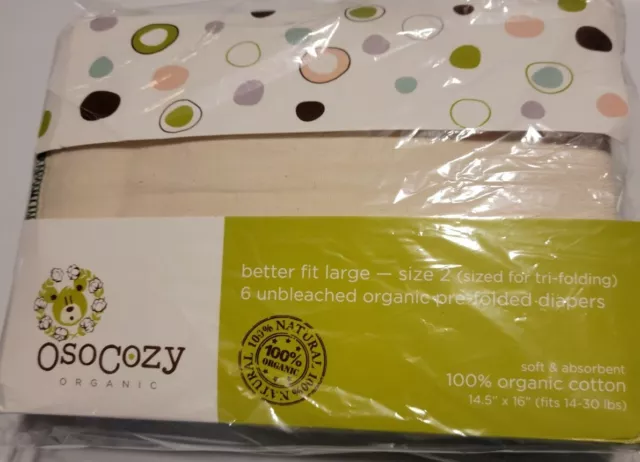 OsoCozy Organic Cloth Cotton Diapers Prefolds Size 2 (6pk) - Fits 14-30 lbs New