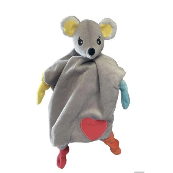 Doudou Mouchoir plat Mimi la Souris, Toucher Velours, Gris, Finition brodée, 28c