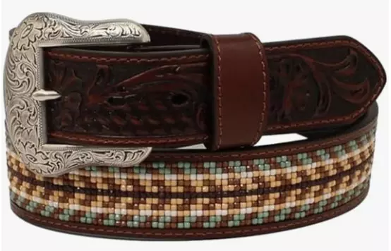 Nocona Western Belt Men Embossed Beaded Inlay Floral Tooled, Brown Multi, 36