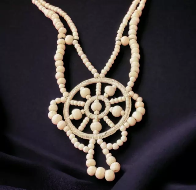 Vintage Bakerlite Necklace Cream Beaded Native American Style Circular Pendant