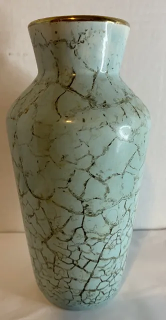 West Germany 606 20 Crackled Vase Mid Century No Makers Mark MCM Light Blue Gold