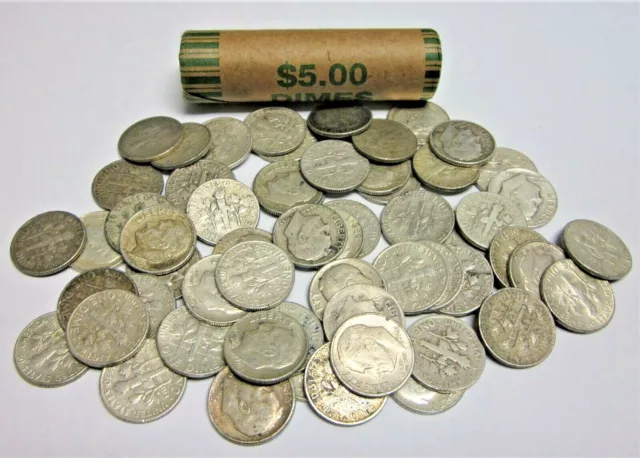 Roll of 50 Circulated 90% Silver Roosevelt Dimes