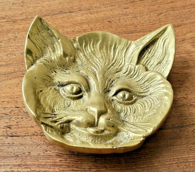 Vintage Marked LV Solid Brass Kitten Cat Heavy Footed Trinket Tray Dish Ashtray