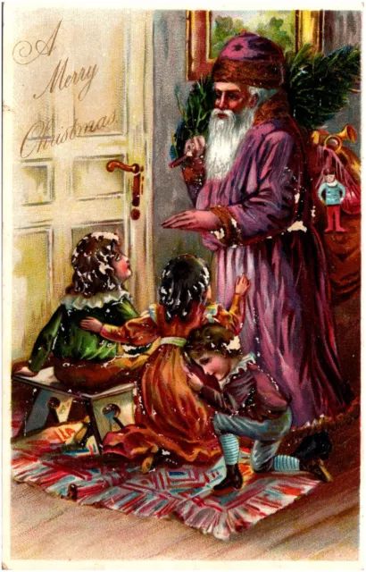 Purple Coat Santa Giving Toys to Children 1900s Christmas Postcard Raphael Tuck