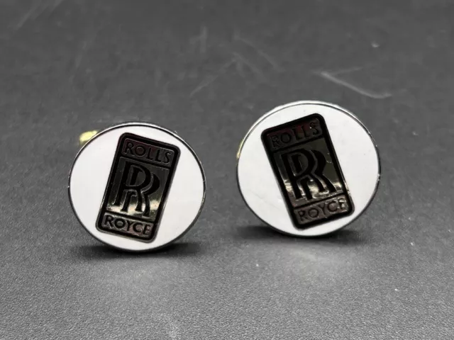 Vintage ROLLS ROYCE RR Cufflinks Silver & Black Inlaid in White Enamel 7/8" 2