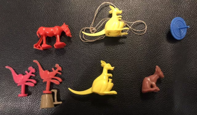 7 Original, Vintage 1960’s Cereal Toys: Kangaroos, Weeties Top, Walking Horse