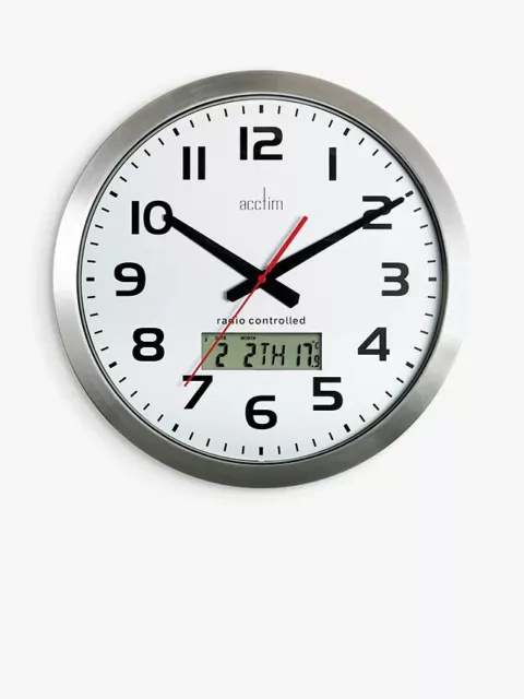 Acctim Meridian Radio Controlled LCD Display Analogue Wall Clock, 38cm, SIlver