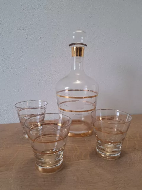 Set Liquore Vetro Oro Anni '50 Deco' Bottiglia Bicchieri Decanter Vintage