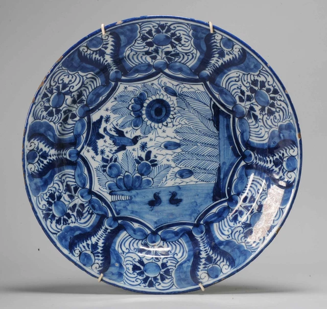 Antique 18th c Blue and White Kraak Style Dutch Delftware Plate. 31 CM