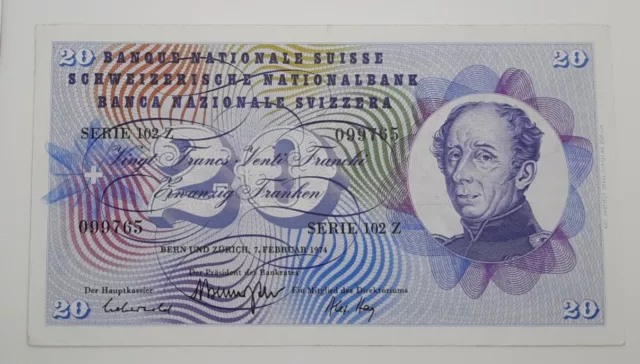 1974 - Switzerland, Suisse - 20 Franken, Francs Banknote, Serial No. 102Z 099765