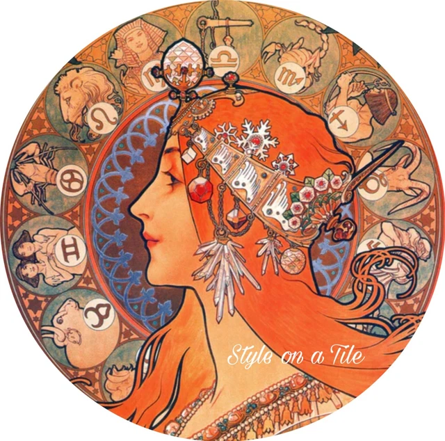 Jugendstil Alphonse Mucha Astronomie Tierkreis rund 9 cm/3,50"" Untersetzermatte Auflage