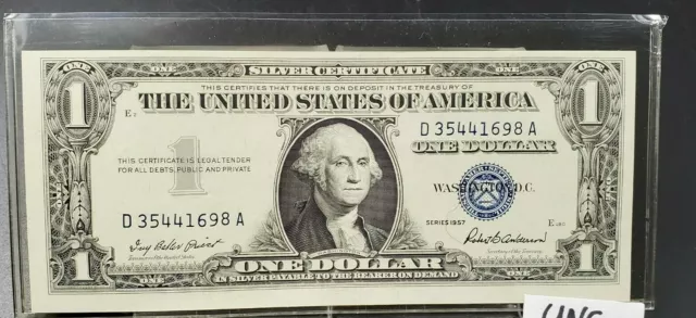 1957 $1 Silver Certificate Blue Seal Note Bill CH UNC US Currency E Block