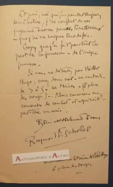 L.A.S 1923 R. ESCHOLIER Maison Victor HUGO Nietzsche Descartes Montaigne lettre 2