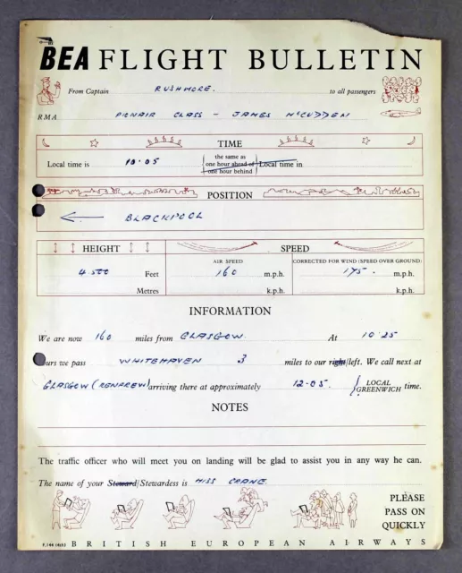 Bea British European Airways Airline Flight Bulletin Douglas Dc-3 Pionair G-Ahct