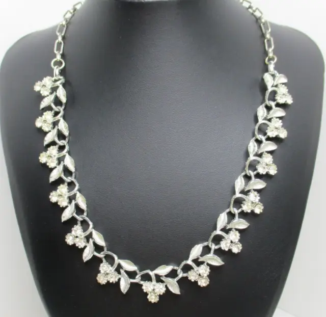 BOOK PIECE!! VINTAGE 1920s SIGNED "STAR" RHODIUM FLORAL LEAVES DIAMANTE NECKLACE