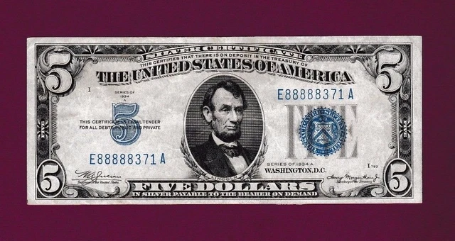 Fr.1651m  $5  1934 A  MULE  SILVER CERTIFICATE NOTE - FANCY SN E 88888 - 371 A