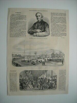 1860 engraving. mr. Hersent, painter. french national shooting has vincennes, flags.