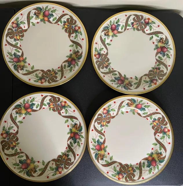 4 LENOX CHINA HOLIDAY TARTAN SALAD PLATES 8 1/4" GOLD RIM Set Of 4 New Tags