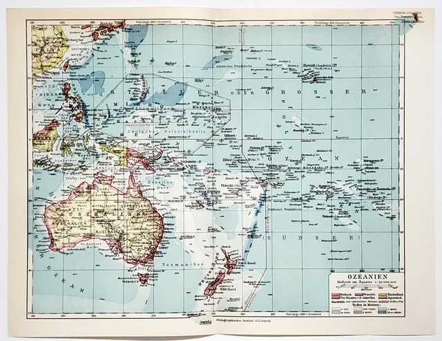 1930 Oceania Map Australia Hawaii Philippines Borneo Polynesia New Zealand