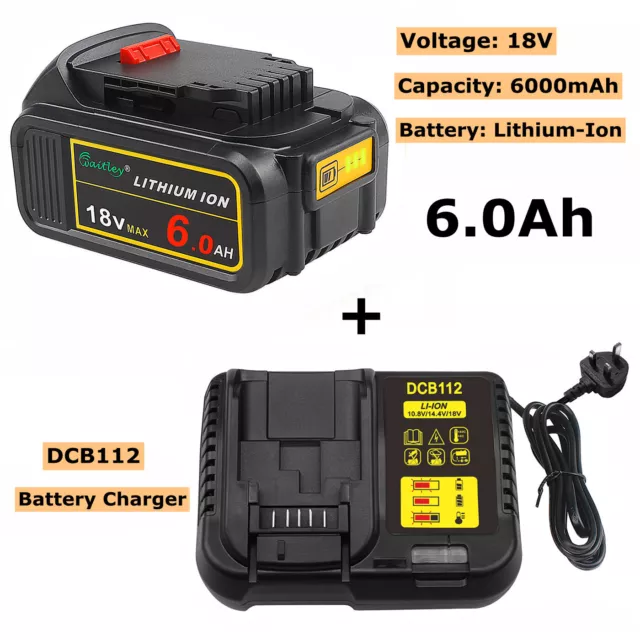 18V 6.0Ah Li-ion Battery for Dewalt DCB180 DCB182 DCB184 DCB200 DCF885 + Charger