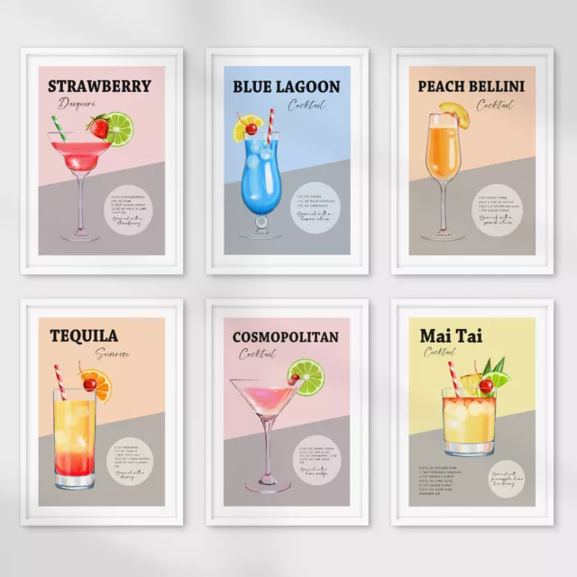 Retro Cocktail Drink Posters Colourful Kitchen Café Wall Art Prints Pictures NEW