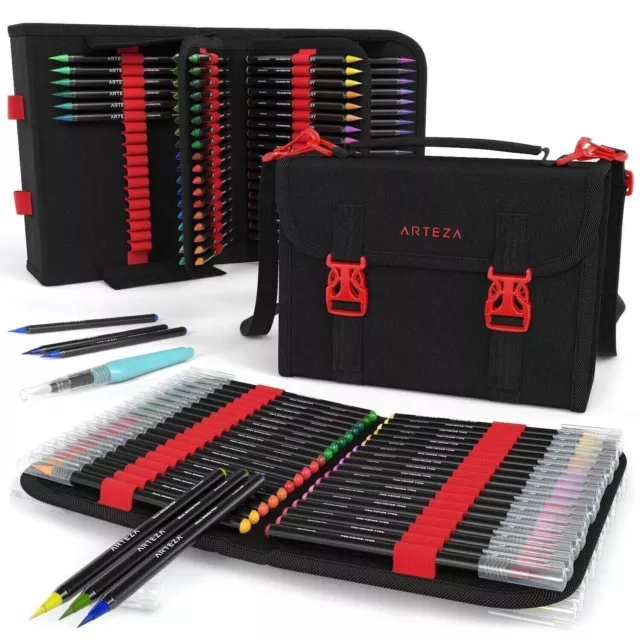 ARTEZA Real Brush Pens 96 Watercolor Paint Markers Coloring Set and Travel Case