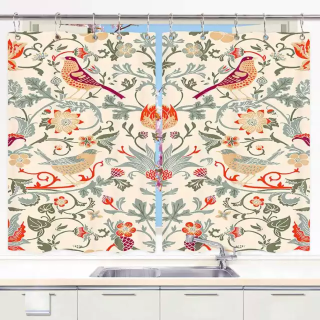 Bird Flowers Vintage Boho Kitchen Curtains Window Drapes 2 Panel Set with Hooks
