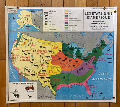 VINTAGE 70S 2 sided French classroom - Vintage 70s 2 Sided French Classroom Wall Map 