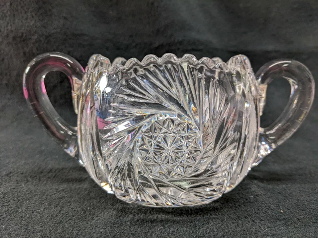 Vintage Crystal American Brilliant Cut Glass Sugar Bowl with Handles Heavy 6