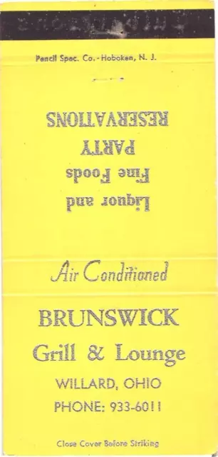 Brunswick Grill & Lounge, Willard, Ohio Liquor Vintage Matchbook Cover