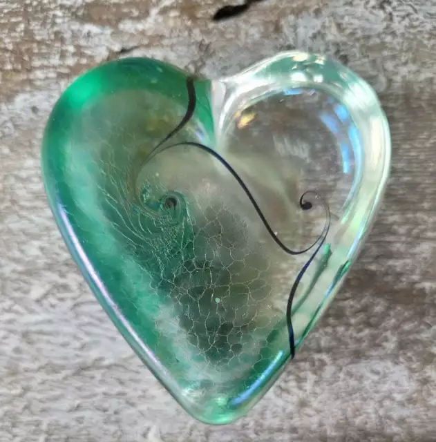 Vtg Early Robert Held Art Crackle Iridescent Swirl Art Glass Heart Paperweight