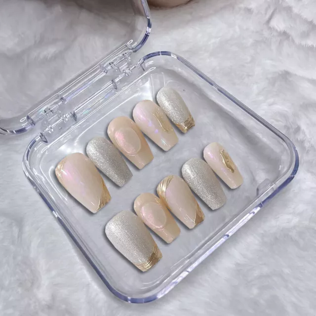 Hecho a mano Uñas Falsas Brillante Ataúd Brillante Prensa sobre Uñas para Decoración Artística 10 PIEZAS