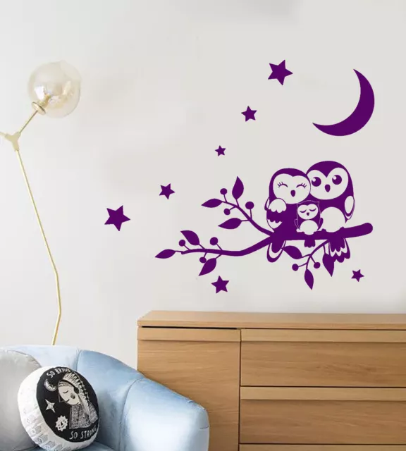 Vinyl Wall Decal Cartoon Family Owl On Branch Stars Night Birds Stickers 2516ig