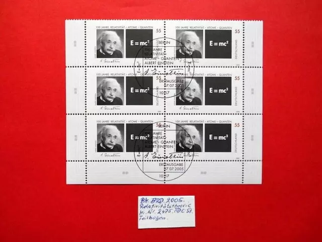 BM. Briefmarken BRD 2005 Albert Einstein Mi. Nr. 2475 FDC Vollstempel Teilbogen