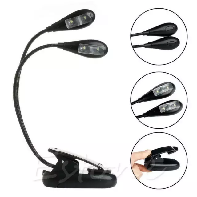 Flexible 2Dual Arms Clip On 4LED Light for Book Reading Camping Hiking Lamp Bulb