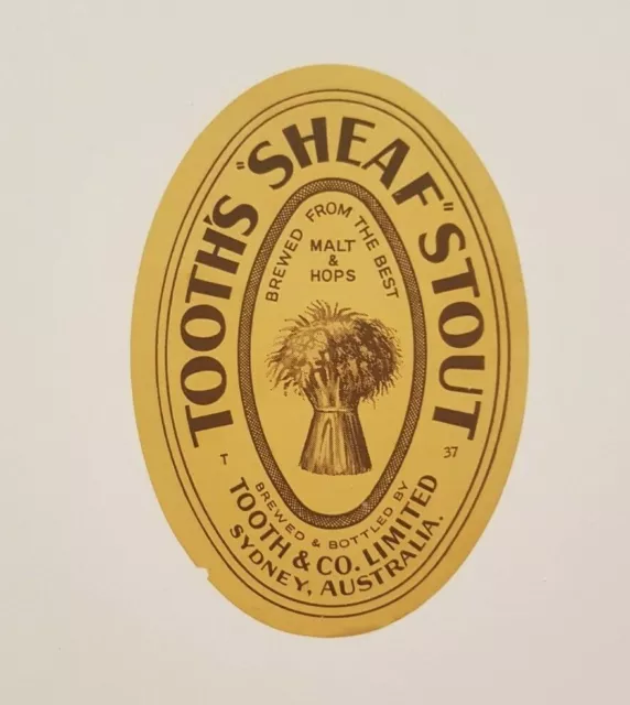 Old Australian Beer Label Tooth's Sheaf Stout, Tooth & Co Ltd Sydney Australia