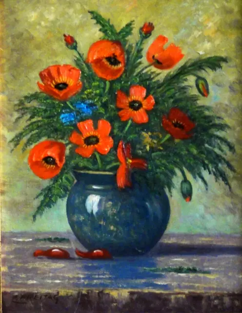 Fritz FREITAG (1915-1977) TOP-Stillleben-Gemälde: MOHNBLUMEN IN GRAUER VASE 3