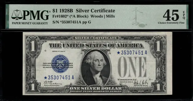 1928B $1 Silver Certificate FR-1602* - STAR NOTE - Graded PMG 45 EPQ