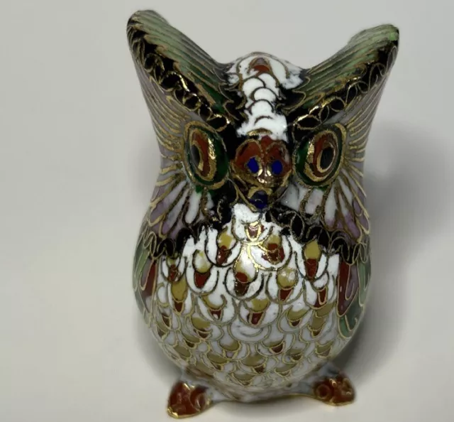 Cloisonné Owl Brass Gold Printed Outline Enamel Filled Mini Figurine Statue