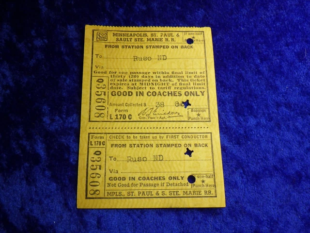 Minneapolis St Paul Sault Ste Marie Railroad Train Coaches Station Ticket Stubs